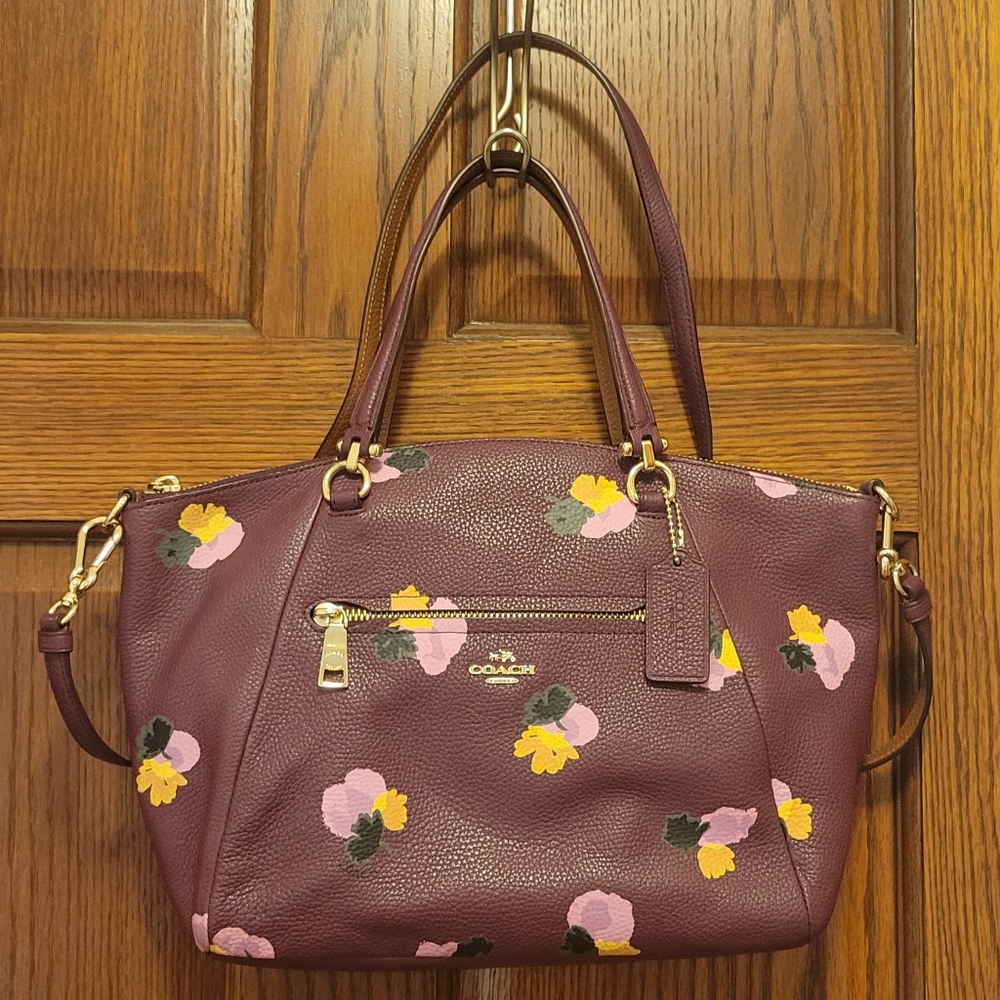 Coach Prarie Satchel Crossbody Bag Leather Plum Floral Print Handbag F37159